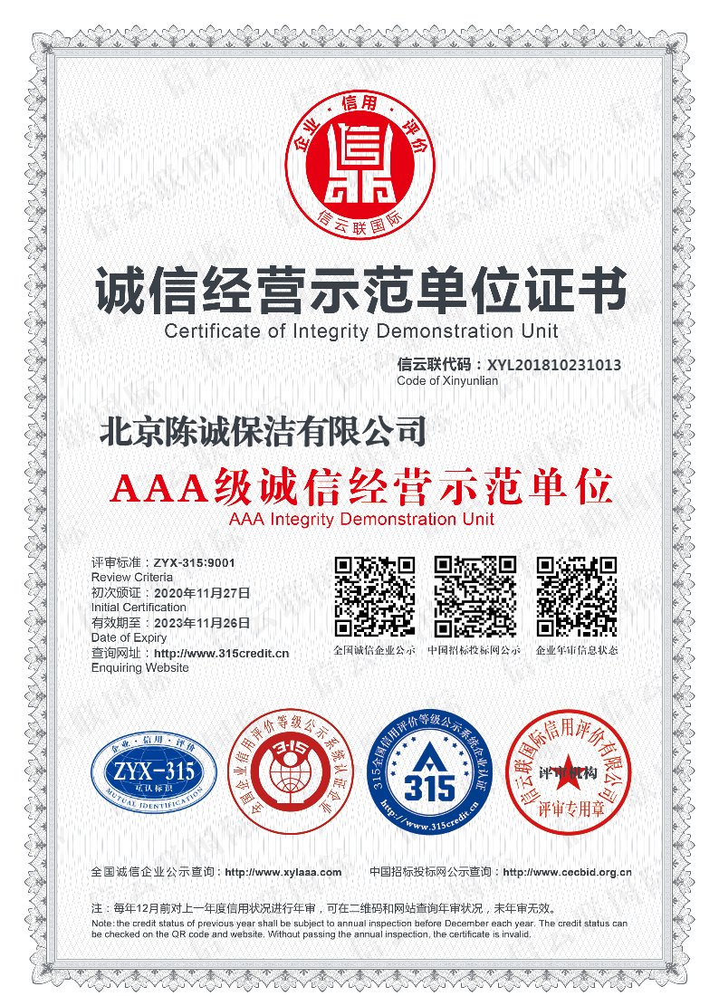 诚信经营示范单位证书